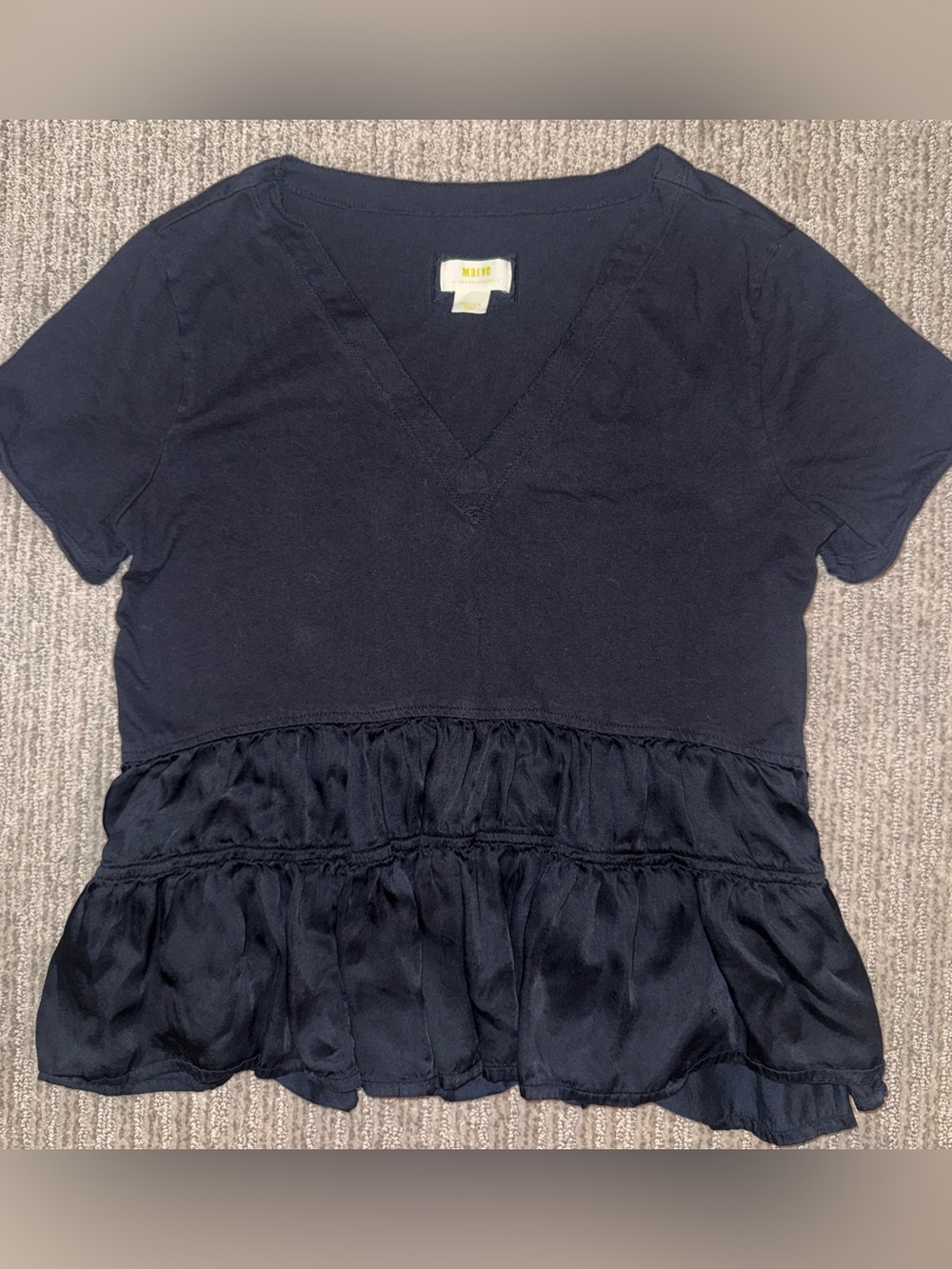 Maeve- Black V-Neck Short Sleeve Ruffle Peplum Top